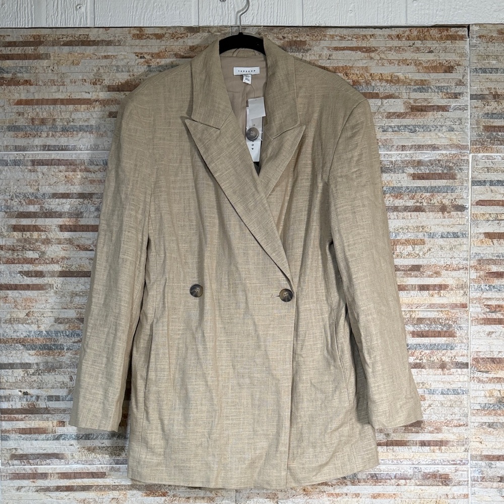 Topshop Beige Double-Breasted Linen-Blend Blazer